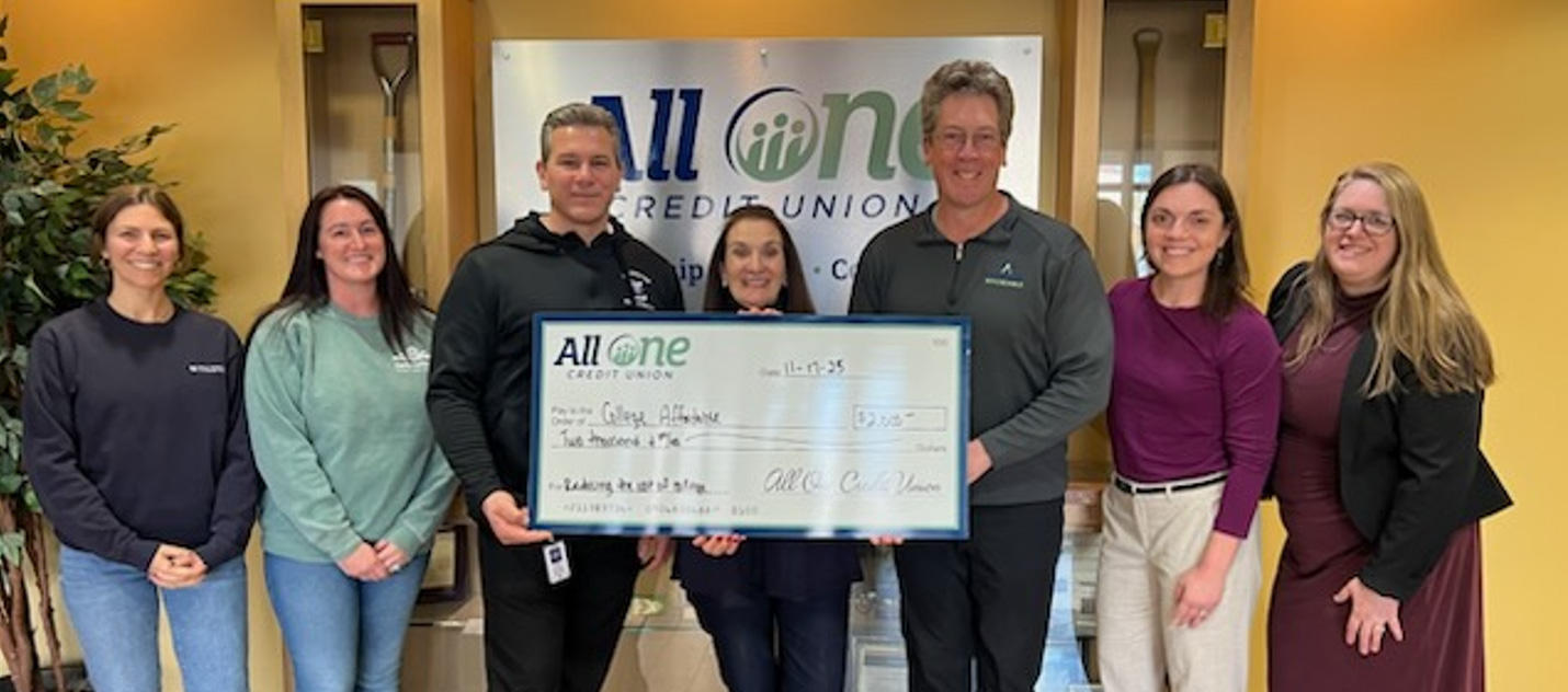 Pictured (L-R) Erika Puccio, MWCC Early College Academic Counselor; Stefanie Bowen, MWCC Early College and Dual Enrollment Coordinator; Joshua Ramano, Leominster High School Principal; Barbara Mahoney, CEO/President All One Credit Union; Brian Gardiner Executive Director, College Affordable; Megan DeInnocentis, Leominster High School Counselor and Kayla Benoit, Center for Technical Education Innovation, Leominster High School.