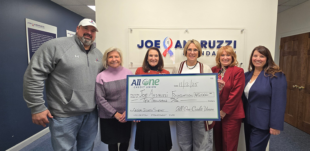 Pictured (L-R) Joe Andruzzi, Barbara Foley, JAF Director of Foundation & Corporate Relations, Barbara Mahoney, President & CEO All One Credit Union; Jen Andruzzi, President & CEO JAF, Joanne Lattanzi, VP, Marketing All One Credit Union, Danielle Fish, JAF Development & Public Affairs.